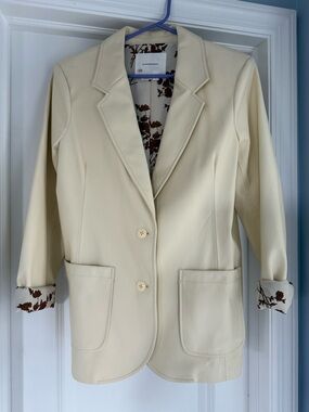 Anthropologie Cream Tailored Leather Blazer with Floral Lining